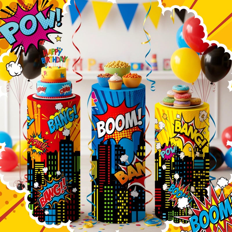 SmoothNovelty 3 Pcs City Theme Hero Party Supplies Hero Cylinder Pedestal Stand Covers Spandex Plinth City Covers Cityscape Buildings Decor for Birthday Party Shower Props Decor - Image 2
