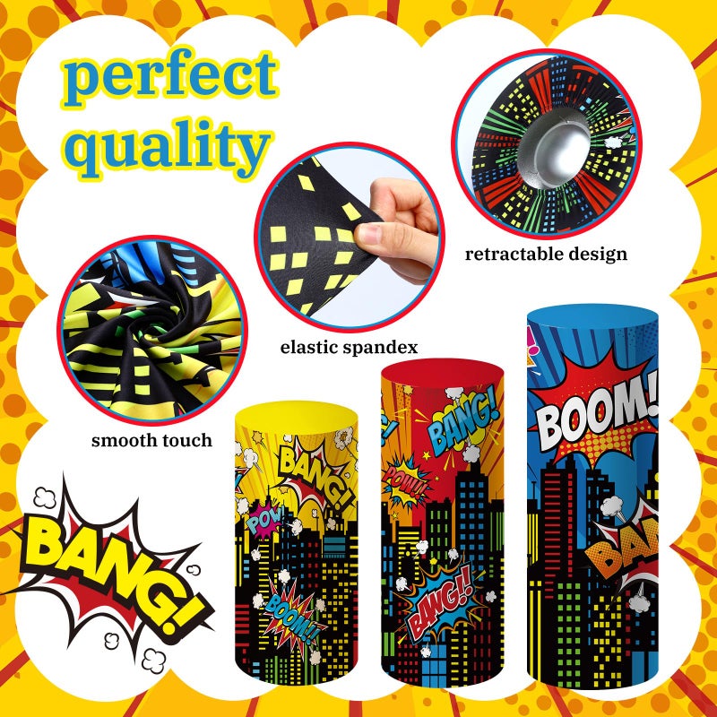SmoothNovelty 3 Pcs City Theme Hero Party Supplies Hero Cylinder Pedestal Stand Covers Spandex Plinth City Covers Cityscape Buildings Decor for Birthday Party Shower Props Decor - Image 4