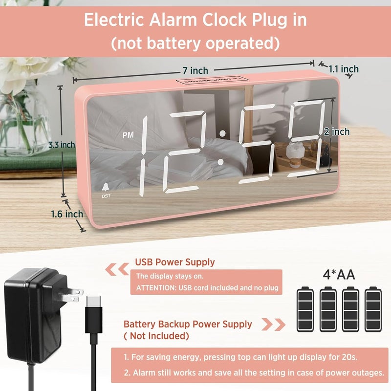 Peakeep Digital Clock, Alarm Clock Battery Backup Powered for Bedrooms - Mirror Face Large Numbers 6 Dimmers for Seniors, Super Loud for Heavy Sleepers (Pink) - Image 2