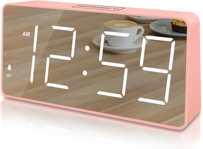 Peakeep Digital Clock, Alarm Clock Battery Backup Powered for Bedrooms - Mirror Face Large Numbers 6 Dimmers for Seniors, Super Loud for Heavy Sleepers (Pink) - Image 1
