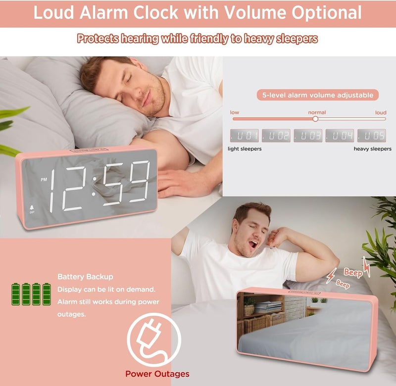 Peakeep Digital Clock, Alarm Clock Battery Backup Powered for Bedrooms - Mirror Face Large Numbers 6 Dimmers for Seniors, Super Loud for Heavy Sleepers (Pink) - Image 4