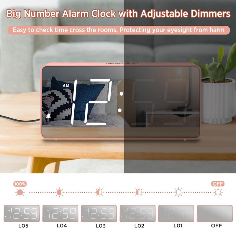 Peakeep Digital Clock, Alarm Clock Battery Backup Powered for Bedrooms - Mirror Face Large Numbers 6 Dimmers for Seniors, Super Loud for Heavy Sleepers (Pink) - Image 5