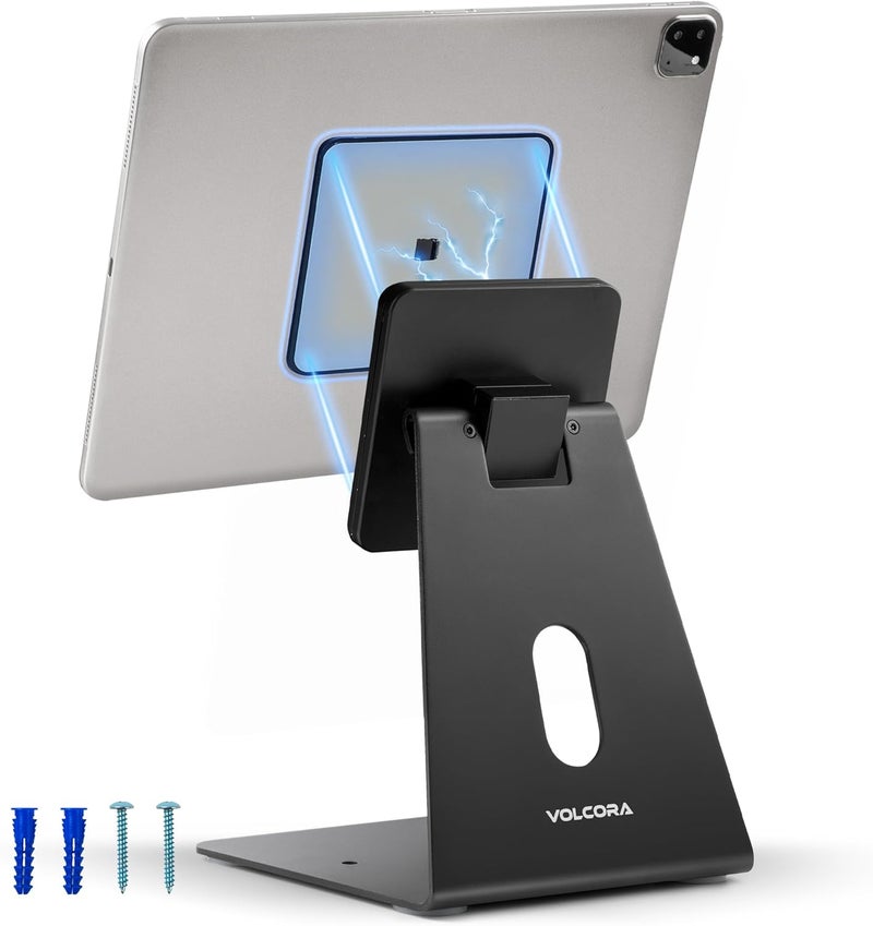 Volcora حامل أقراص مغناطيسي عالمي من فولكورا للطاولة وحامل جدار لجهاز iPad مع لوحة مغناطيسية قابلة للفصل ولوحة خلفية دوارة، شديد التحمل، لأجهزة سامسونج وأندرويد وكيندل، أسود - Image 1