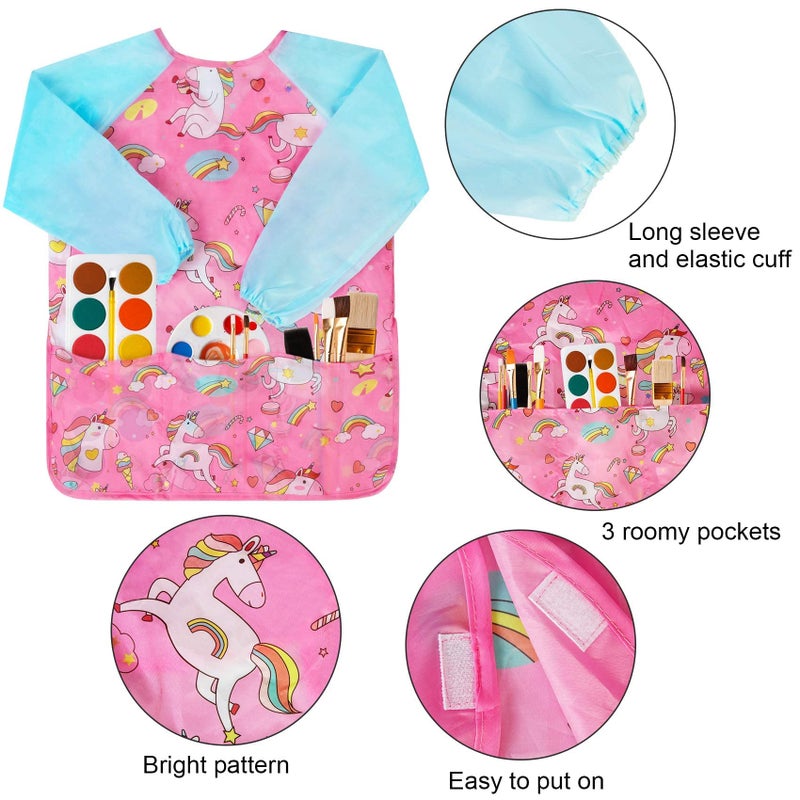 Bassion 2 Pack Kids Art Smock, Toddlers Painting Aprons Colorful Waterproof Children Artist Smock with Long Sleeve 3 Roomy Pockets for Age 2-8 Years Gifts Dinosaur(Rainbow Pink) - Image 2