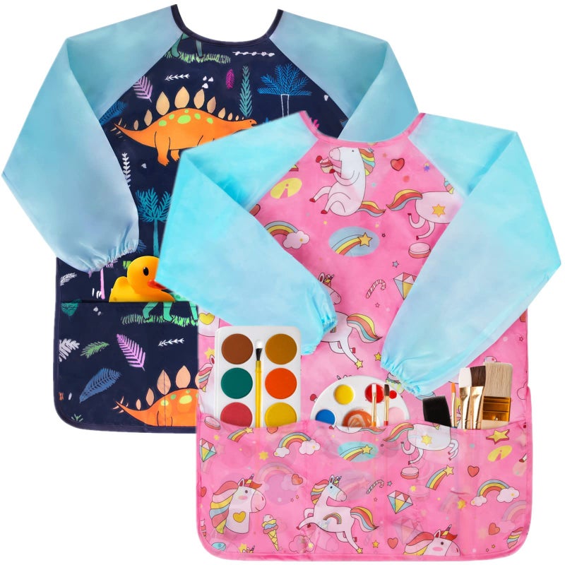 Bassion 2 Pack Kids Art Smock, Toddlers Painting Aprons Colorful Waterproof Children Artist Smock with Long Sleeve 3 Roomy Pockets for Age 2-8 Years Gifts Dinosaur(Rainbow Pink) - Image 1