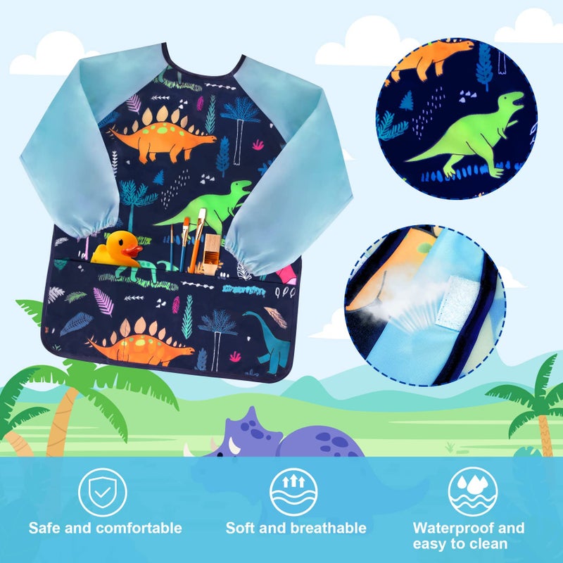 Bassion 2 Pack Kids Art Smock, Toddlers Painting Aprons Colorful Waterproof Children Artist Smock with Long Sleeve 3 Roomy Pockets for Age 2-8 Years Gifts Dinosaur(Rainbow Pink) - Image 3