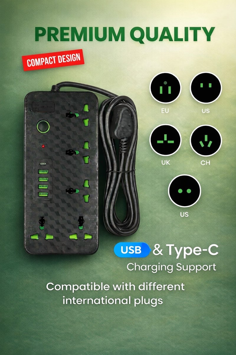 Universal Extension Lead with Multiple Outlets, Power Strip with USB-A and USB-C Fast Charging, Surge Protected Extension Cable with On/Off Switch, LED Indicator, Child Safety Design 220v 3.4A Wire Capacity , 3M Power Cord for Home and Office - Image 1