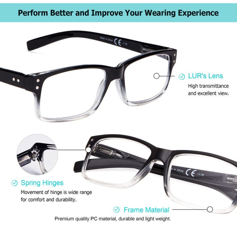 LUR READING GLASSES 6 Pack Spring Hinge Comfort Plastic Readers (Black) - Image 3