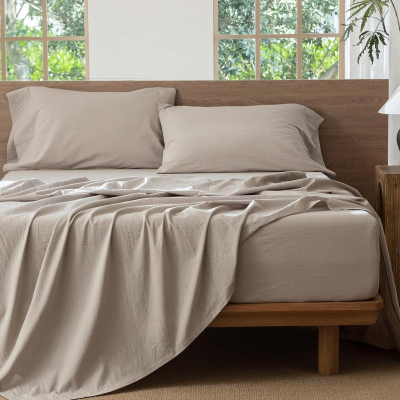 MooMee Bedding Sheet Set 100% Washed Cotton Linen Like Textured Breathable Durable Soft Comfy (Heathered Cream Grey, King) - Image 5