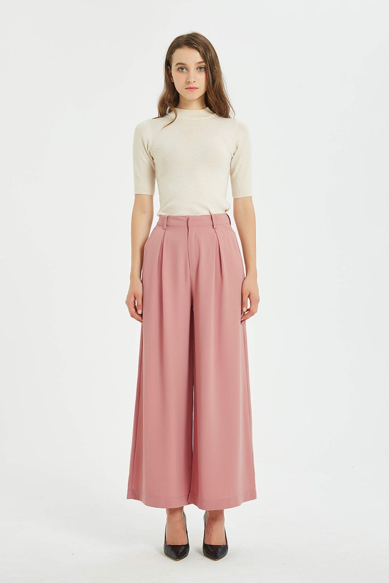 Tronjori Women High Waist Casual Wide Leg Long Palazzo Pants Trousers Regular Size(S, Rose Tan) - Image 2