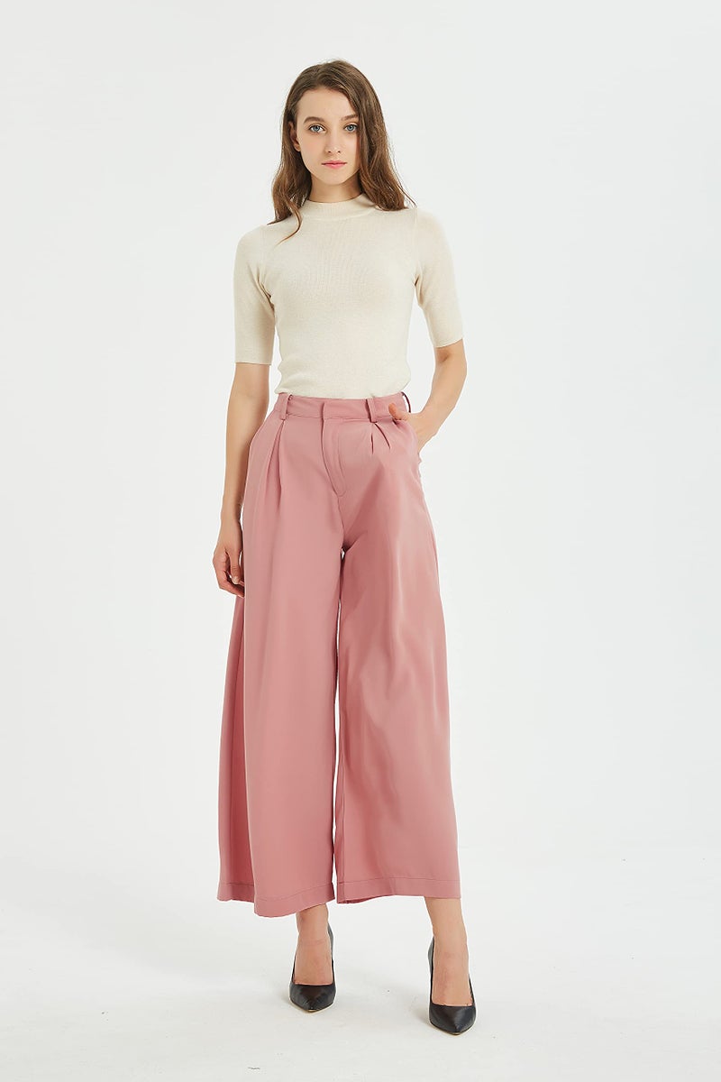 Tronjori Women High Waist Casual Wide Leg Long Palazzo Pants Trousers Regular Size(S, Rose Tan) - Image 4