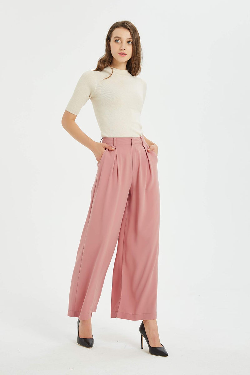 Tronjori Women High Waist Casual Wide Leg Long Palazzo Pants Trousers Regular Size(S, Rose Tan) - Image 5