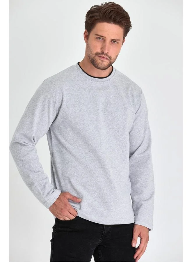 mmetalic Men's Grey Double Crew Neck Standard Relaxed Fit Sweatshirt