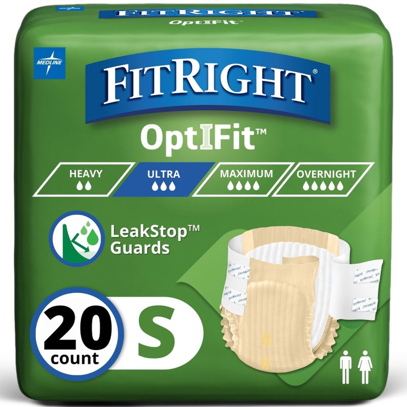FitRight Adult Diapers, Ultra Heavy Absorbency, S (Waist Size 20in-32in), 20 Count, OptiFit Incontinence Briefs for Men and Women, Disposable, Moisture-Wicking, Leak Protection, - Image 1