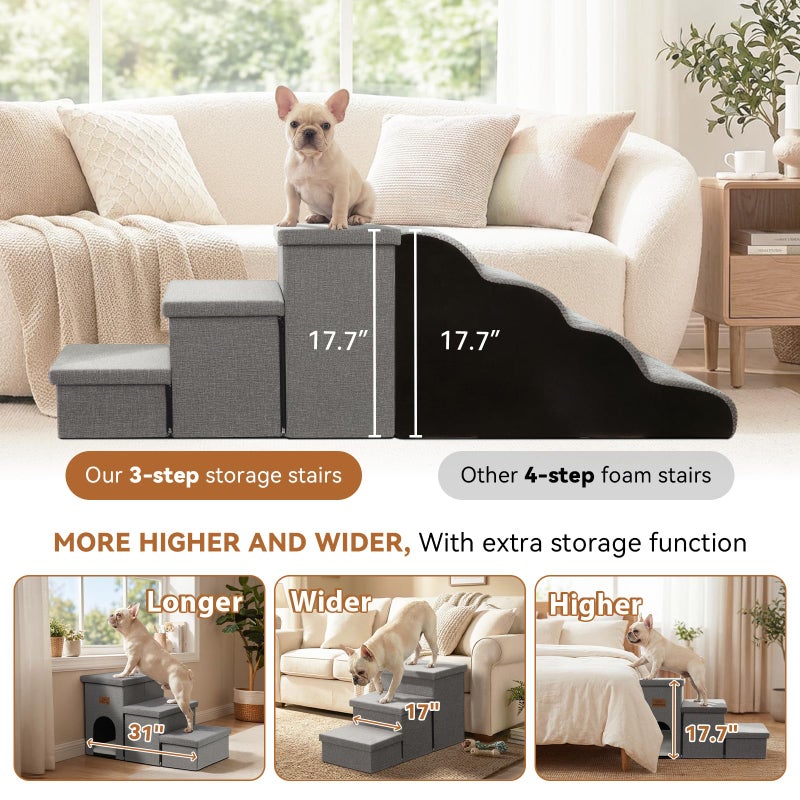 Zerbuger Dog Stairs 18" H, 3-Step Wider Dog Steps for High Beds Couch, Folding Storage Pet Stairs Gift for Small/Medium/Large Old Dogs Cats, Ramp for Climbing Car Up to 200 lbs, (Gray, with Condo) - Image 5