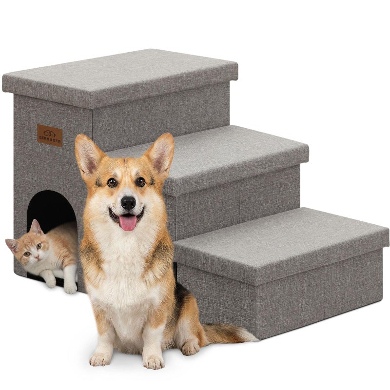 Zerbuger Dog Stairs 18" H, 3-Step Wider Dog Steps for High Beds Couch, Folding Storage Pet Stairs Gift for Small/Medium/Large Old Dogs Cats, Ramp for Climbing Car Up to 200 lbs, (Gray, with Condo) - Image 1