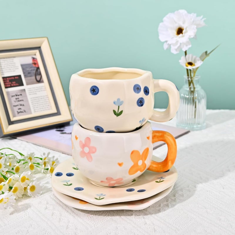 Koythin Ceramic Coffee Mug with Saucer Set, Cute Creative Orange Flower Cup Unique Irregular Design for Office and Home, 10 oz/300 ml for Latte Tea Milk - Image 5