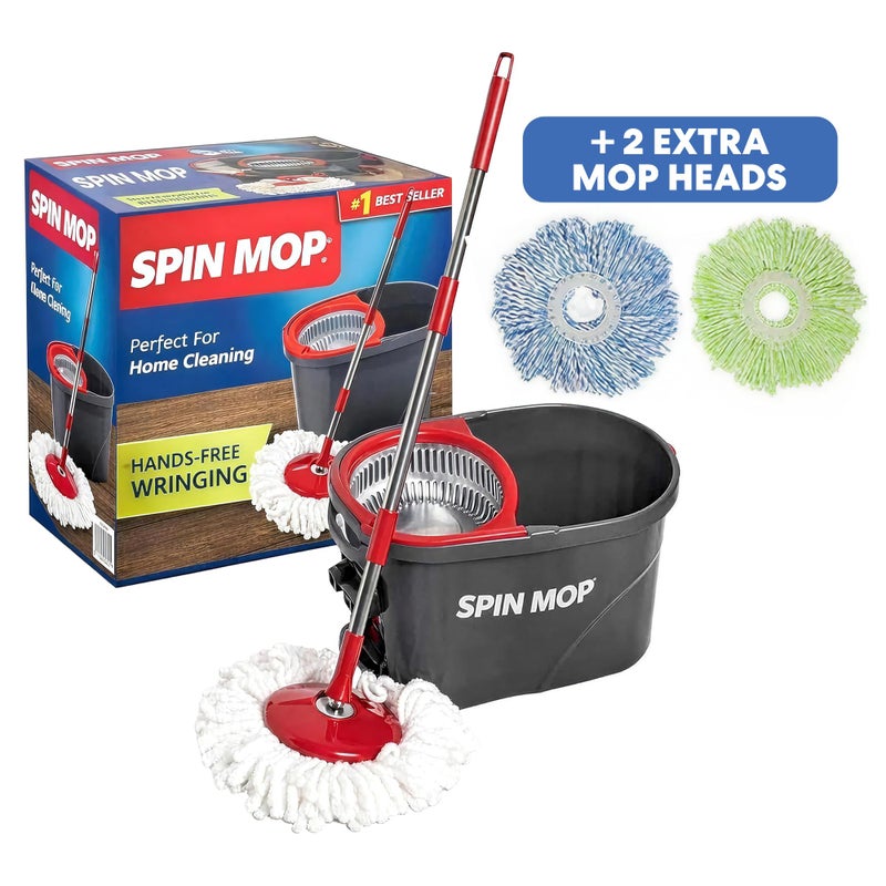 Simpli-Magic 79349 Spin Mop Cleaning System with 3 Microfiber Mop Heads, Red/GRAY,Red/Black - Image 1