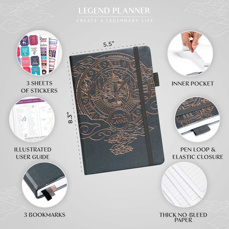 Legend Planner – مخطط أسبوعي وشهري فاخر لتحقيق أهدافك والعيش بسعادة أكبر. دفتر تنظيم ومفكرة إنتاجية. غلاف مقوى A5، غير مؤرخ – ابدأ في أي وقت + ملصقات – رمادي غامق - Image 2
