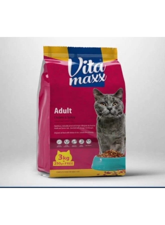 Vita Maxx Vitamaxx Cat Dry Food with Chicken & Turkey – 3kg | High-Protein, Complete & Balanced Nutrition for Adult Cats | Supports Healthy Skin, Coat & Digestion - Image 1