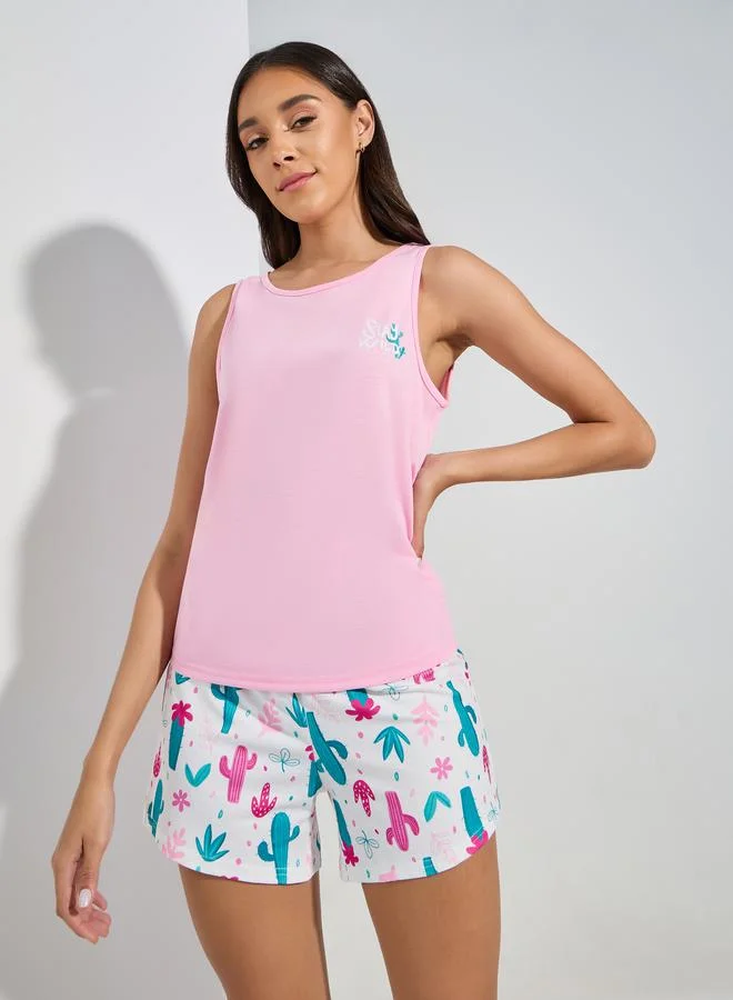 ستايلي Stay Wild Graphic Vest & Cactus Print Short Pyjama Set