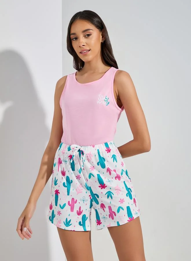 ستايلي Stay Wild Graphic Vest & Cactus Print Short Pyjama Set