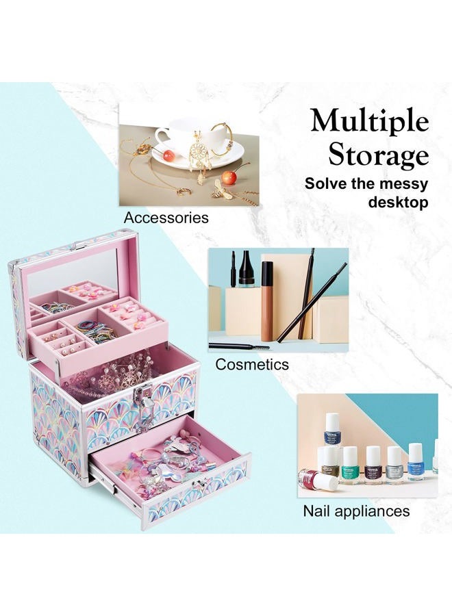 Hododou Girls Jewelry Box Organizer with Drawer & Mirror, Mermaid Tail Style Lockable Storage Case for Kid or Little Girls Jewelry and Hair Accessories - Image 5