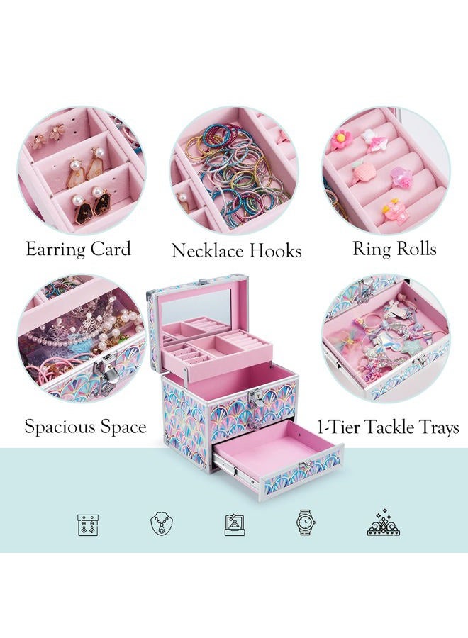 Hododou Girls Jewelry Box Organizer with Drawer & Mirror, Mermaid Tail Style Lockable Storage Case for Kid or Little Girls Jewelry and Hair Accessories - Image 3