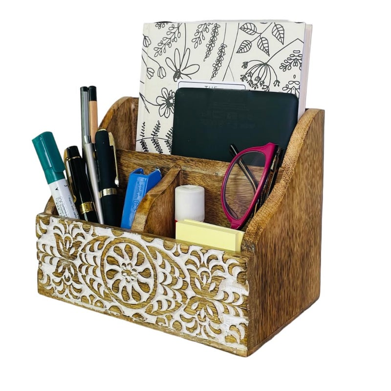 Mie Creations Wooden Office Desk Organizer Countertop, Farmhouse Stationary Aesthetic Organizer for Marker, Pen, Remote, Makeup Brush, Art Supplies Accessories, Modern Work Study Drawer Caddy- White Shabby Chic - Image 1