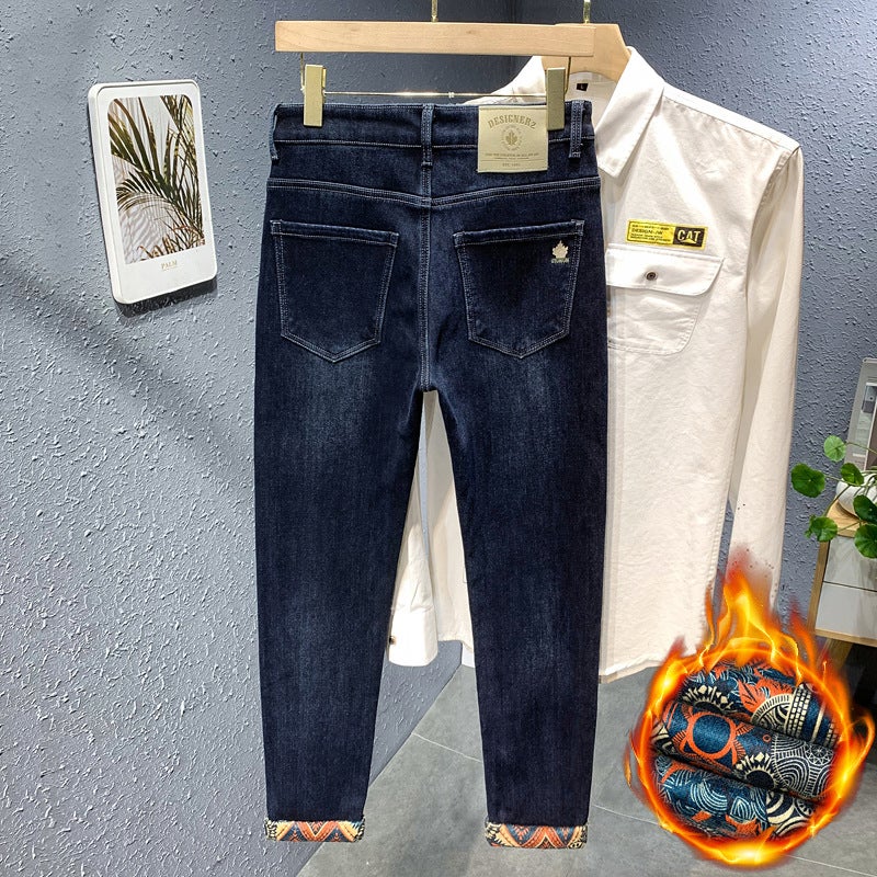 Explosive Men'S Jeans Winter Fashion All-Match Colored Cotton Trendy Men'S Pants Comfortable Fleece-Lined Straight Casual Pants For Boys