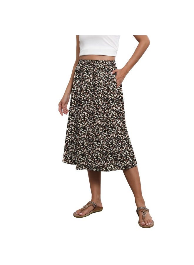 Witsmile Flowy Skirt Midi Length Elastic High Waist A-Line Skirt with Pockets Bohemia for Women 2025 Trendy(S-2XL), B-15 Black Print, XL - Image 1