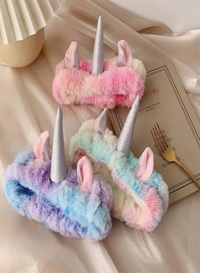 TheUrbanShop Pack of 2 Multicolour Unicorn Plush Fur Headband Sleep Masks for Girls Blindfold for Women Eye Masks for Facewash, Makeup Band, Exercise, Fur Sleep Band (Multicolor) - Image 1