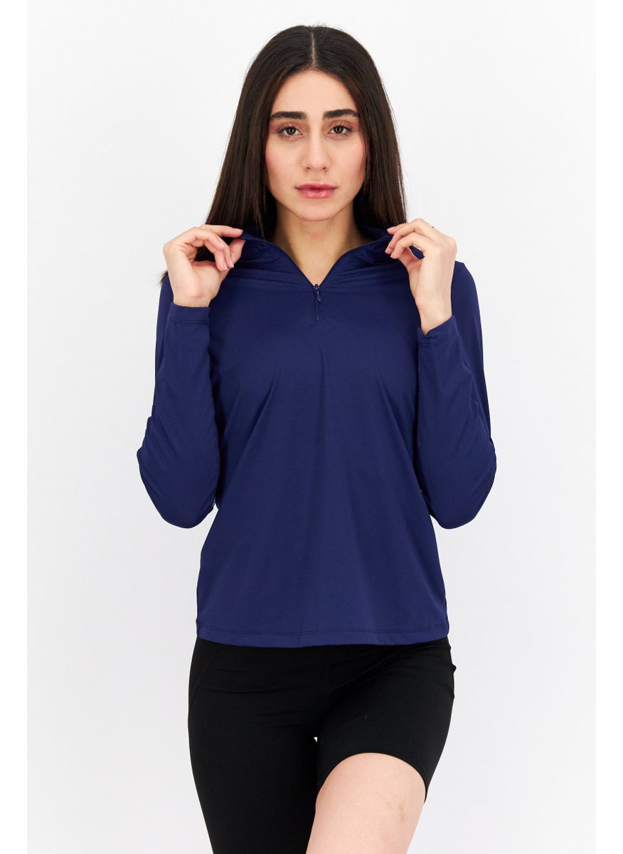 X by Gottex Women Sportswear Fit Long Sleeve Training Top, Navy Blue  - Image 1