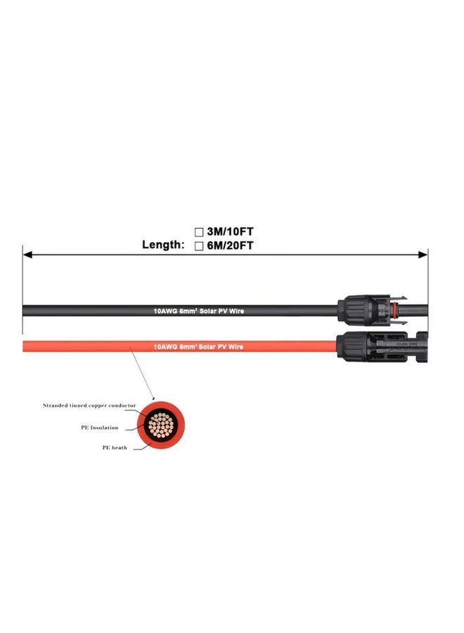 كابل تمديد شمسي 10 AWG بطول 10 أقدام، لون أحمر وأسود، من ذكر إلى أنثى، للاستخدام في العربات المتنقلة والقوارب والمنازل لتزويد الطاقة. - Image 2