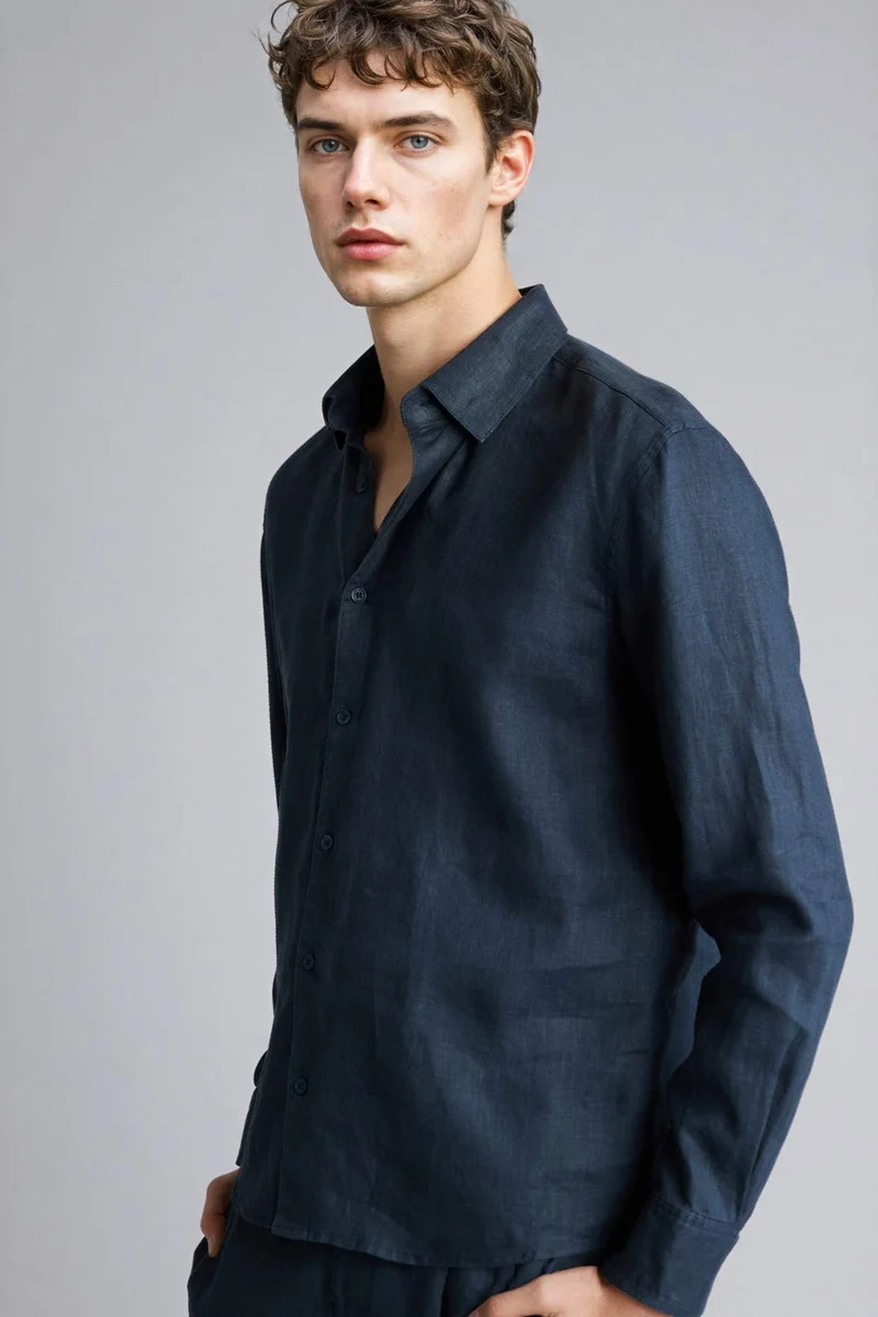 ديفاكتو Regular Fit Polo Collar Linen Shirt