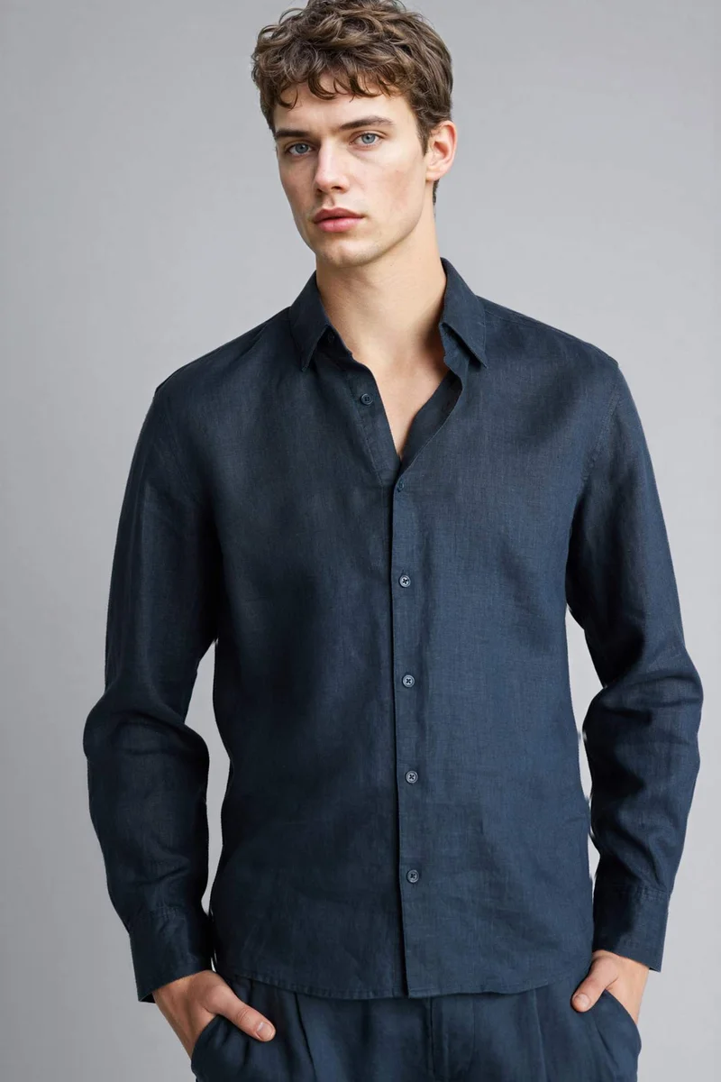 ديفاكتو Regular Fit Polo Collar Linen Shirt