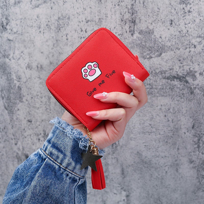 Mini Short Zipper Wallet Womens Korean-style Cartoon Tassel Female Student Coin Purse Coin Bag All-match Card Bag WalletShort cat claw Bordeaux Short cat claw Bordeaux