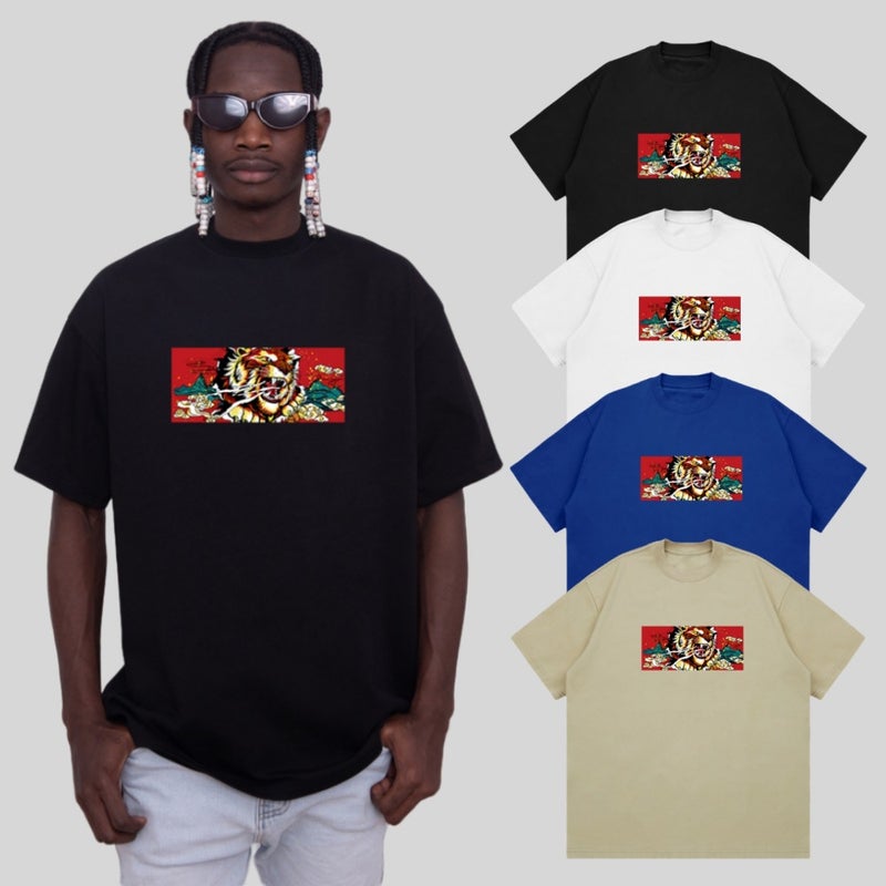 Heavy 260G Men'S T-Shirt Short-Sleeved Fashionable Tiger Printed Loose Black Crewneck T-Shirt - Image 2