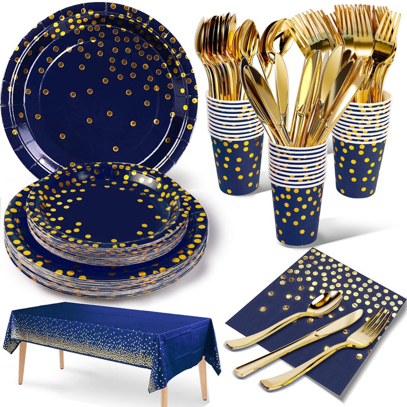 Nkaiso 141 Pieces Navy Blue Gold Party Supplies Party Dinnerware Sets Include Paper Plates Napkins Cups Silverware for Wedding Bridal Shower Engagement Birthday Parties Decoration 20 Serves