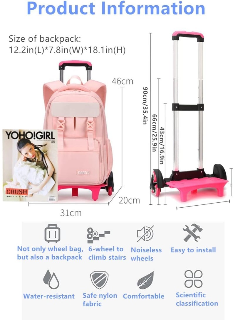 ZIRANYU حقيبة ظهر متدحرجة للأطفال، حقيبة مدرسية خفيفة الوزن للطلاب مزودة بـ 6 عجلات، حزام كتف مبطن قابل للتعديل، حقيبة كتب كبيرة الحجم مقاومة للماء، حقائب ظهر مدرسية متدحرجة مقاومة للماء للفتيات - Image 2