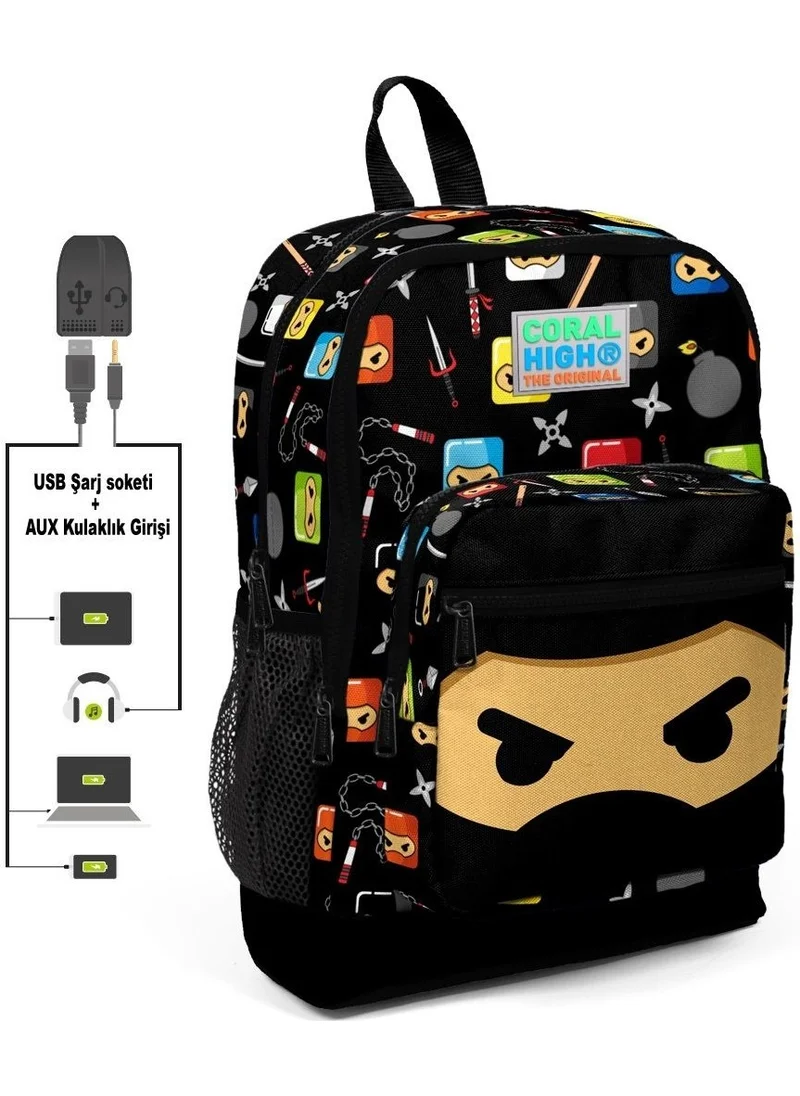 CORAL HIGH Kids Four-Eyed Ninja Printed USB + Aux Socket Primary School Bag