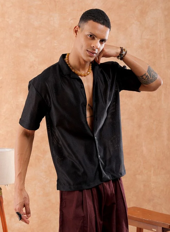 The Indian Garage Co Men Relaxed Fit Solid Half Sleeves Cuban Collar Resort Wear Shirt
