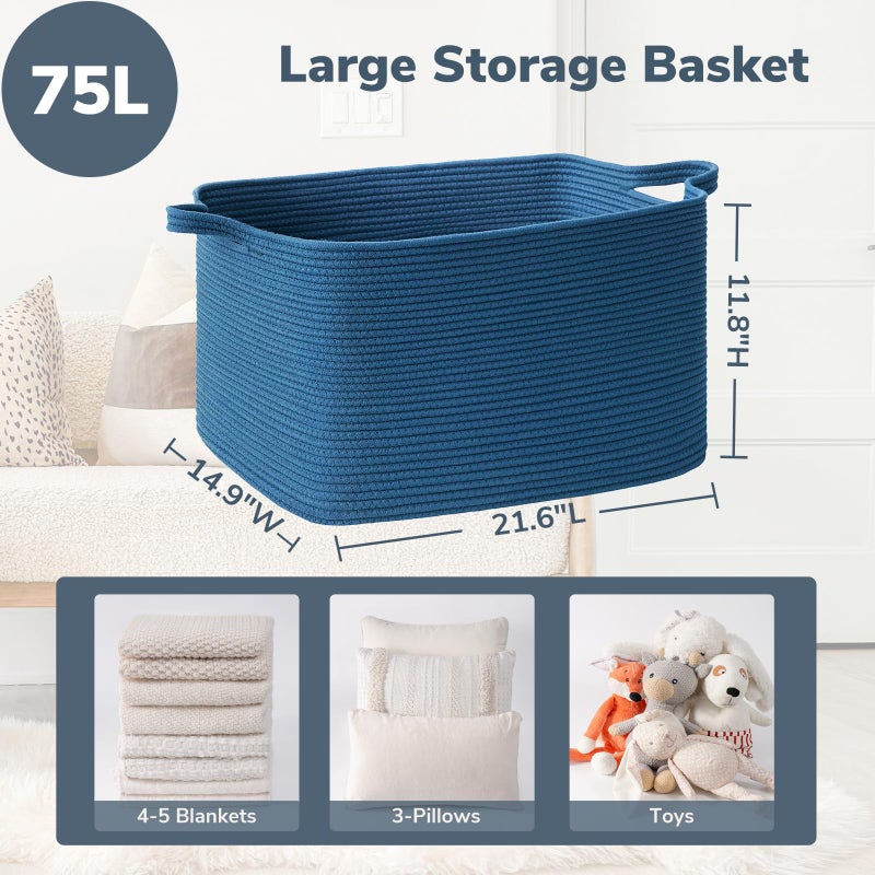Goodpick Large Blanket Basket, Storage Baskets for Organizing, Rectangle Woven Basket for Clothes, Towels, Toy Baskets Storage Kids, 21.6" x 14.9" x 11.8" - Image 3