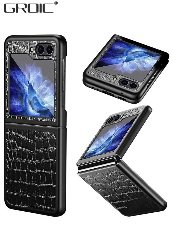GROIC Compatible Samsung Galaxy Z Flip 5 Case Leather, Shockproof Anti-Scratch Soft Leather Hard PC Slim Cover Protective Phone Case for Samsung Z Flip 5 Case Men, Galaxy Z Flip 5 Leather Case Black - Image 1