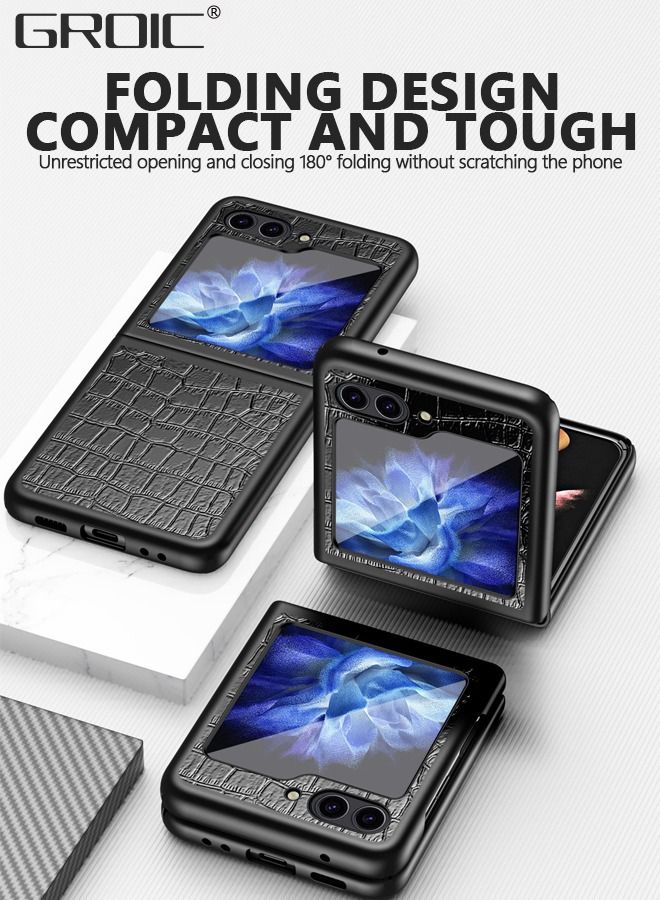 GROIC Compatible Samsung Galaxy Z Flip 5 Case Leather, Shockproof Anti-Scratch Soft Leather Hard PC Slim Cover Protective Phone Case for Samsung Z Flip 5 Case Men, Galaxy Z Flip 5 Leather Case Black - Image 3