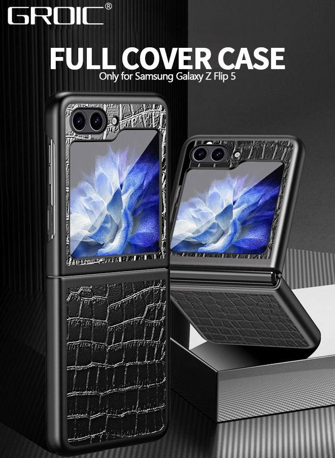 GROIC Compatible Samsung Galaxy Z Flip 5 Case Leather, Shockproof Anti-Scratch Soft Leather Hard PC Slim Cover Protective Phone Case for Samsung Z Flip 5 Case Men, Galaxy Z Flip 5 Leather Case Black - Image 2