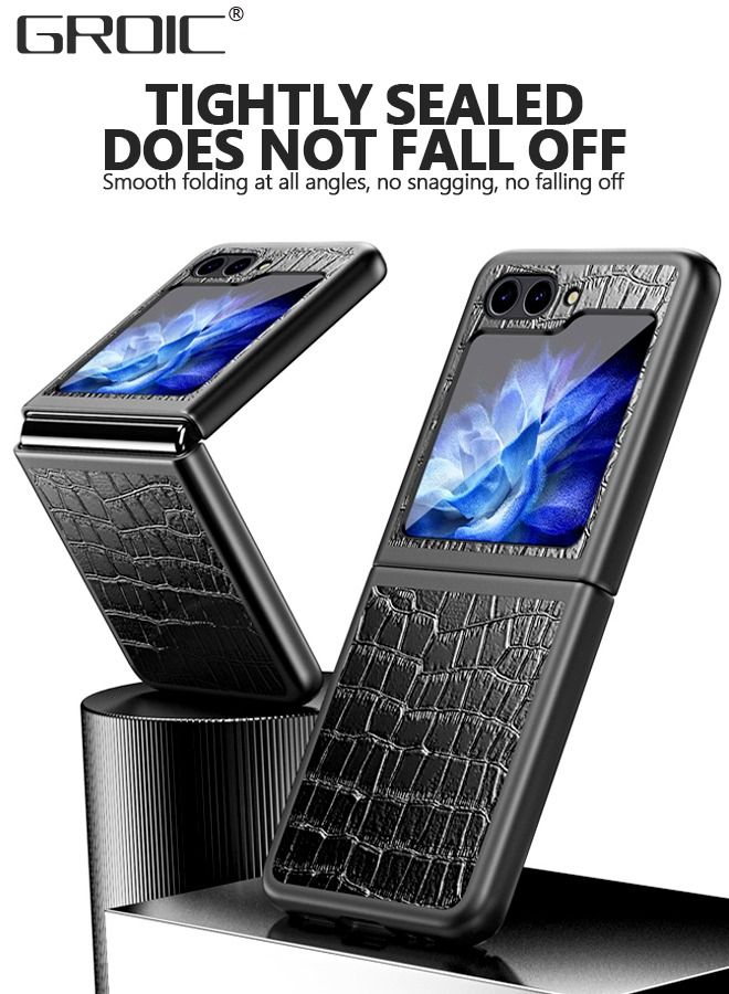 GROIC Compatible Samsung Galaxy Z Flip 5 Case Leather, Shockproof Anti-Scratch Soft Leather Hard PC Slim Cover Protective Phone Case for Samsung Z Flip 5 Case Men, Galaxy Z Flip 5 Leather Case Black - Image 4