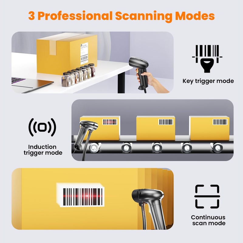 USB Wired 2D/1D Barcode Scanner with Stand, Handheld Barcode Reader Compatible with QR Code & Barcode, Button Scan/Induction and Continuous Automatic Scan, with BIS & 1 Year Warranty