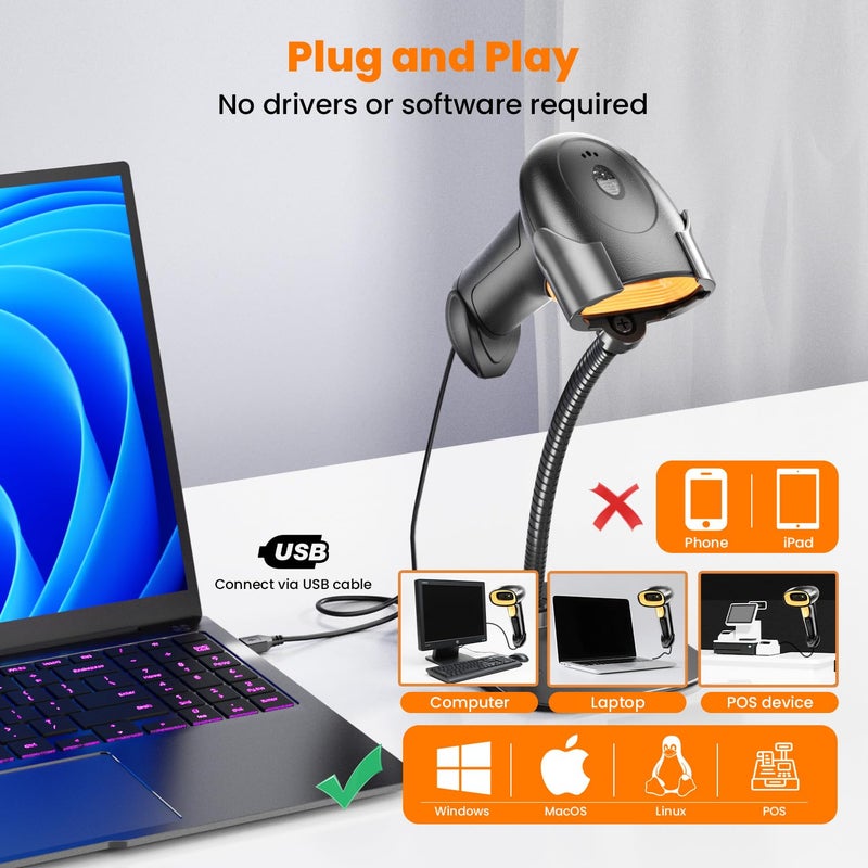 USB Wired 2D/1D Barcode Scanner with Stand, Handheld Barcode Reader Compatible with QR Code & Barcode, Button Scan/Induction and Continuous Automatic Scan, with BIS & 1 Year Warranty