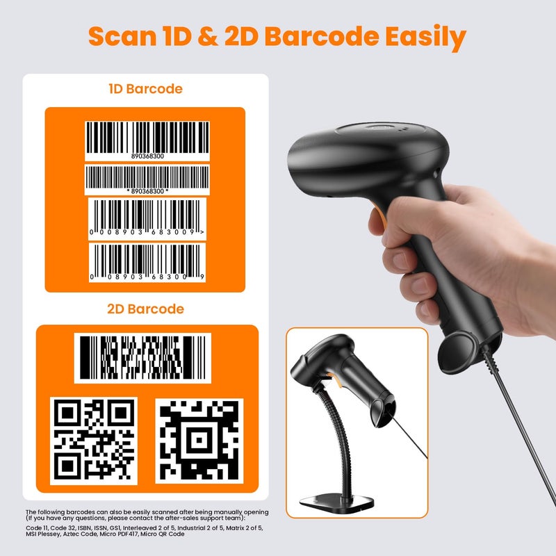 USB Wired 2D/1D Barcode Scanner with Stand, Handheld Barcode Reader Compatible with QR Code & Barcode, Button Scan/Induction and Continuous Automatic Scan, with BIS & 1 Year Warranty
